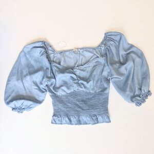 Story On Women's Blue Ruched Puff Sleeve Cropped Blouse